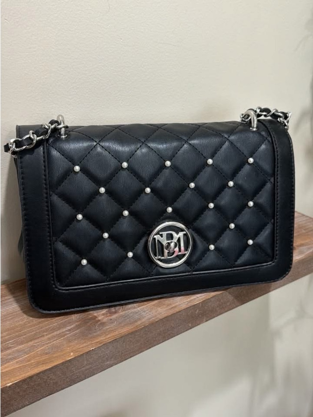 Badgley Mischka Black Quilted Shoulder Bag with Pearl Studs